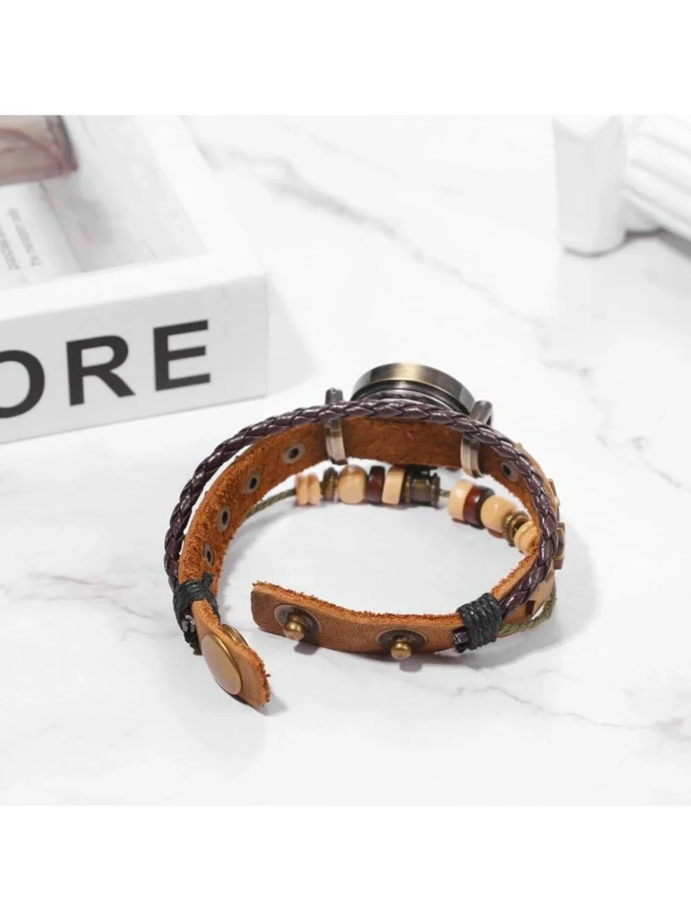 Women's Brown Analog Quartz Star Bracelet Weave Wrap Around Leather Wrist Watch